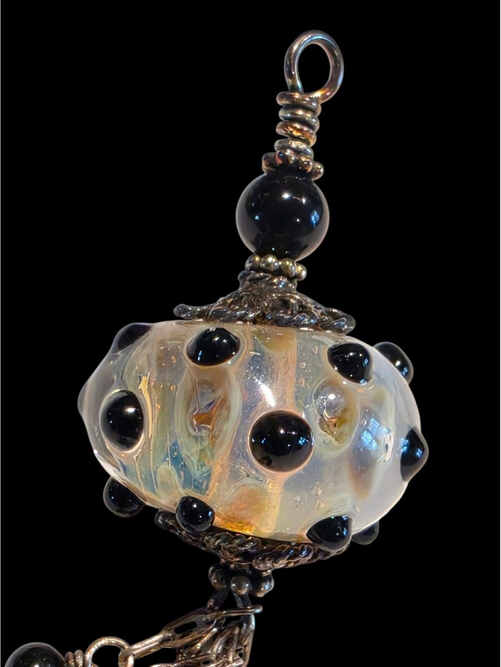Artisan Lampwork Glass Tassel Pendant Fumed Iridescent Dot Sterling Silver .925